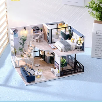 DIY Mini Nukk Maja Kit 3D Puidust Kahekorruseline Loft Käsitsi Kokkupanek Mänguasi DIY Salongi Käsitsi kokku pandud Hoone Mudel Mänguasjad