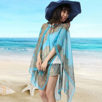 2020 Naiste Sifonki Pluusid Suvel Top Slash Kaela Ebaregulaarne Vabaaja Beachwear varjata Trükkimine Sun-tõend Puhkus Cardigan