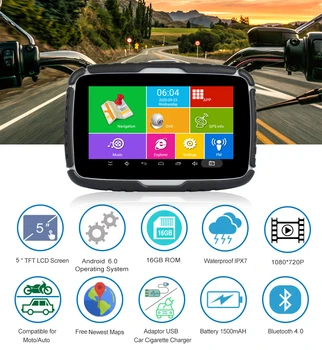 Fodsports 5 Tolline Android 6.0 Mootorratta DVR GPS Navigation IPX7 Veekindel Bluetooth-Auto Moto GPS Navigaator 16G Flash Tasuta Kaart