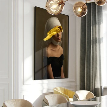Kuldne tint naine referaat printimine kaasaegne elutuba home decor living Art Decor HD Veranda raamita plakatid lõuendile maali
