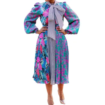 Fanco Aafrika Naiste Kleit Pluss Suurus S-3XL Prindi Segast Varruka Pikkus Plisseeritud Pikad Varrukad Office Lady Elegantne Pool Vestidos