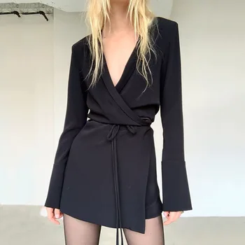 Streetwear Lace up Pakitud Bleiser Põletatud Pikad Varrukad Must Valge Bleiser Naiste Mantel 2021 Sügis Naiste Turndown Krae Uus Pintsak