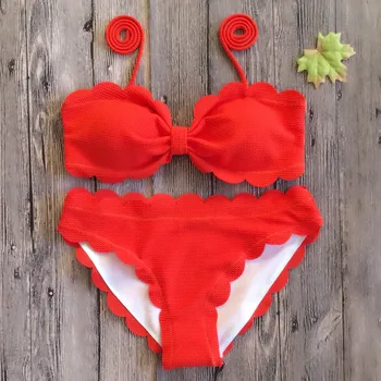 Push Up Bikinis 2021 Ujumistrikoo Scalloped Sisekujundus Supelrõivad Naiste Must Kollane Punane Bandeau Trikoo Naistele Tahke Biquini Beach Kanda