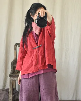 V kaela Voodipesu Joped Naistele Hiina Stiilis Kevad-Sügis Lina Vintage Jakid Tahked Värvi Vabaaja Ühe nupu Kimono Tops