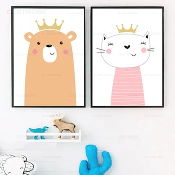 Põhjamaade Armas Kass Multikas Loomade Pilt Home Decor Põhjamaade Lõuendile Maali Kunst Prindi Funy Karu Rebane Plakat Lapsed Toas Seina Decor