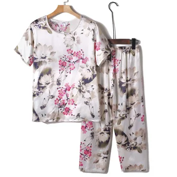 XL-4XL Õhuke Silk Satin Pidžaama Naiste Prindi keskeas Ladie ' s Lühikesed Varrukad Sleepwear Set 3/4 Pant 2 Töö Siserõivad Kodu Ülikond