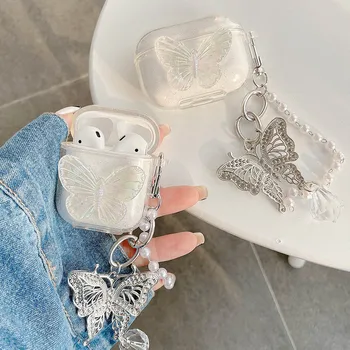 3D Armas Liblikas Funda jaoks Airpods Pro Juhul Soft Selge Kõrvaklapid Accessorie Katta Õhu Kaunad 1 2 Puhul Ripats Pearl Kett