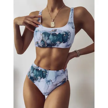 Bandeau push up bikinis 2021 mujer Seksikas marmor prindi naiste ujumistrikoo Kõrge vöökoht supelrõivad naiste Sport trikoo Beach kanda Uus