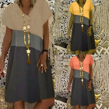 Vintage V-Kaeluse Triibuline Pool Kleit Naiste Kevad-Suvel Lühikese Varrukaga Kleit Elegantne uus Segast Casual Kleidid