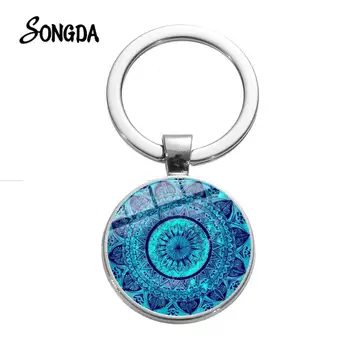 Sinine Mandala Lill Elu Võtmehoidja Lotus Kunsti Muster Jooga Om Budddhist Püha Geomeetria Võti Ketid Klaas Kott Auto Hely