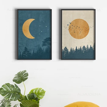Abstraktne Boho Maastiku Pildid Moon Sun Plakatid ja Pildid Vintage Seina Art Põhjamaade Metsa Lõuendile Maalimine Magamistuba Decor