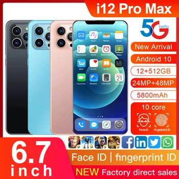I12 Pro Max Nutitelefonid 6.7 Tolline 12GB+512 GB 5G Mobiiltelefonid 21MP +48MP HD Kaamera 5800mAh Android10 Dual SIM MTK6889 Mobiiltelefonides
