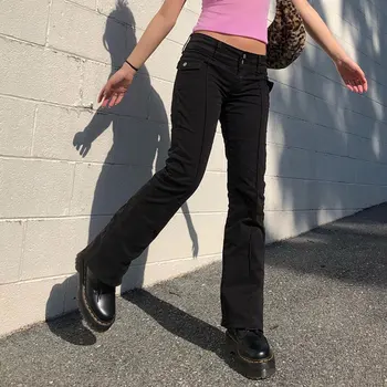 Harajuku Madal Vöökoht Tõusu Helk Püksid Naiste Vintage Must Y2k Teksad Must Denim Kottis Püksid 90s Esteetiline Slim naiste pikad Püksid