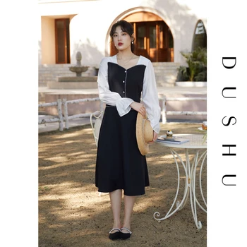 DUSHU Pluss suurus vintage pikk must kleit Naiste segast põletatud varrukad elegantne kleit Naine tikandid slim kevadel kleidid 2021