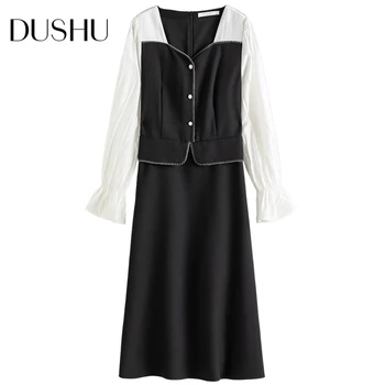 DUSHU Pluss suurus vintage pikk must kleit Naiste segast põletatud varrukad elegantne kleit Naine tikandid slim kevadel kleidid 2021