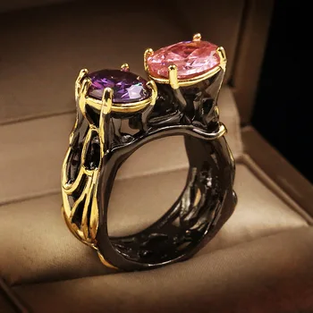 CHARLINLIOL Luksus Must Kuld Volfram Pulm Rõngad Naiste Suur Ring Lõigatud Ametüst Kokteil Engagement Rõngad itaalia Ehted