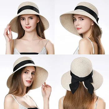 Naiste Floppy Summer Sun Beach Straw Hat UPF50 Kokkupandav Lai Nokk Päike Müts Daamid Vibu Sõlm Väljas Reisi Mereäärne Reisi Müts