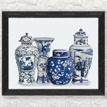 Ingver jar kunst, Sinine ja valge hiina -, Botaanika-decor, Chinoiserie vaas, elutuba seina art, Home decor, Oriental maali, Mi