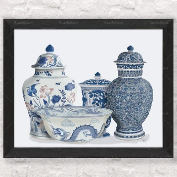 Ingver jar kunst, Sinine ja valge hiina -, Botaanika-decor, Chinoiserie vaas, elutuba seina art, Home decor, Oriental maali, Mi