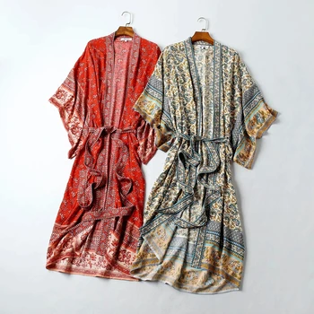 ZA 2021 daamid populaarne kevadel ja suvel puhkust mood kimono pikk kleit retro seksikas V-kaelus pikkade varrukatega beach stiilis kleit