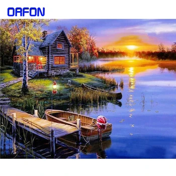 ORFON Värvi numbrid Lakeside cottage maastik, õli, Värvimine Poolt Numbrid stseen, lõuend 40x50cm DIY Home Decor Raami kingitus