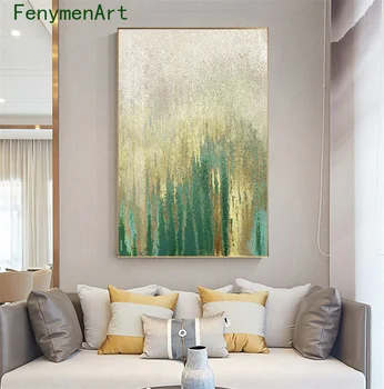 Kokkuvõte Rohelise Kollase Värvi Lõuendile Maali Gold leaf Plakatid, Prindid Kaasaegne Seina Art Põhjamaade Pilte elutuba Home Decor