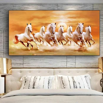 Seitse Töötab Valge Hobune Loomade Lõuend Maalid Kaasaegne Kuld Plakatid ja Pildid Seina Art Pilte elutuba Home Decor