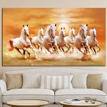 Seitse Töötab Valge Hobune Loomade Lõuend Maalid Kaasaegne Kuld Plakatid ja Pildid Seina Art Pilte elutuba Home Decor