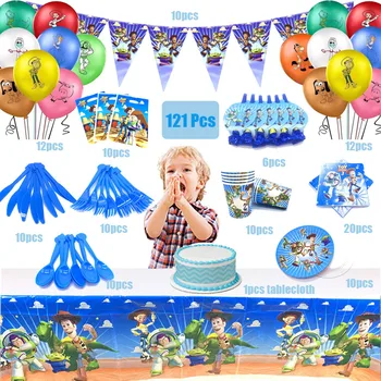 121Pcs Toy Story Teema Cup Plaat Salvrätiku Poisid Sünnipäeva Teenetemärgi Partei Ürituse Asjade Kasuks Punkt Lapsed 10 Inimest Kasutamine