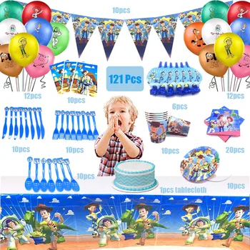 121Pcs Toy Story Teema Cup Plaat Salvrätiku Poisid Sünnipäeva Teenetemärgi Partei Ürituse Asjade Kasuks Punkt Lapsed 10 Inimest Kasutamine