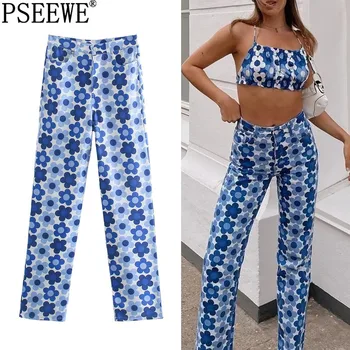 PSEEWE Za Naiste Püksid Sinine Lilleline Kõrge Wasit Püksid Mood Y2k Sirge Jalg Naine Püksid Streetwear Vabaaja Suve Püksid, Ülikonnad