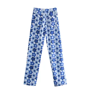 PSEEWE Za Naiste Püksid Sinine Lilleline Kõrge Wasit Püksid Mood Y2k Sirge Jalg Naine Püksid Streetwear Vabaaja Suve Püksid, Ülikonnad