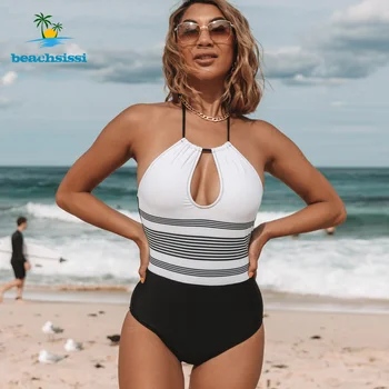 Beachsissi Naiste Triip Print 1 Tükis Ujumistrikoo Päitsed Kaela Bikini Supelpüksid Cutout Ees Suvel Seksikas Ujumine Bahting Ülikond