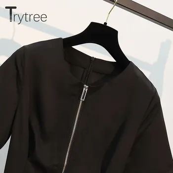 Trytree 2021 Suvel Naiste Kleit Juhuslik O-kaelus Lukuga Elegantne Ruffled Hem Geomeetria Pleisse Office Lady põlvikud Must Kleit