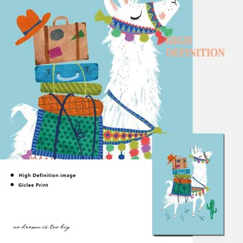 Lasteaed Decor Pildid ja Plakatid Cartoon Laama Koos Rebane Lind Lõuendile Maali Armas Loom Alpaca Pilt Baby Tuba Wall Decor