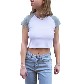 Naiste Sexy Crop Top Suvel Täiskasvanute Vabaaja Värvi Plokk, Lühike Varrukas Kaeluse ümber T-särk