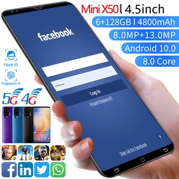 Ülemaailmse 5G Versioon Mini X50 4.5 Tolline 8+13MP Sõrmejälje, ID Dual SIM MTK6763 Andriod Mobiiltelefonides 8 Core 64GB/128GB Aku 4800MAH