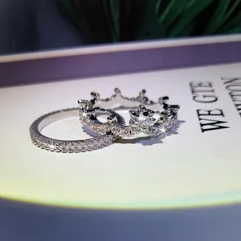 Uus Mood Veatu Naiste Kaks-töö Crown Ring Crystal Tsirkoon Pruudi Poole Pulm Ehteid Peen Naine kihlasormus