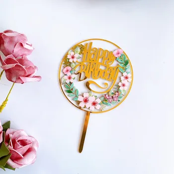 Värvilised Lilled Happy Birthday Cake Toppers Akrüül Koogikarpides Torukübar Jaoks Sünnipäeva Kook Kaunistamiseks Beebi Dušš Küpsetamine Tarvikud