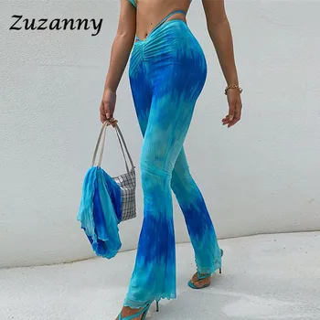 Zuzanny Tie Dye Põletatud Püksid Naiste 2021 Suvel Kõhn Vabaaja Mesh Pants Streetwear Naine Ruched Sidemega Kõrge Vöökoht Püksid