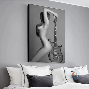 Kaasaegne Nude Art Lõuend Maali Sexy Alasti Tüdruk, kellel Kitarr Pildid ja Plakatid Cuadros Seina Pildid elutuba Home Decor
