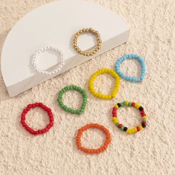 2021 Uus Värviline Riis Pärlitega Sõrmus Komplekt Naiste Mood Vintage Candy Värvi Pärlitest Rõngad Naine Tahke Geomeetriline Ringi Ehted Kingitus