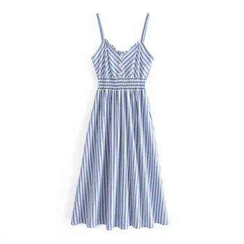 Kleit Za suvel uus mood triibuline V-kaela pael sinine Naiste Kleit 2021 casual šikk street noorte poole elegantne naiste kleit