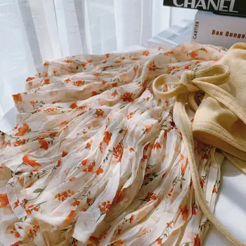 Falda plisada de gasa con flores para mujer, falda peque?de R67 cintura alta coreana, ajustada, versátil, de longitud meedia