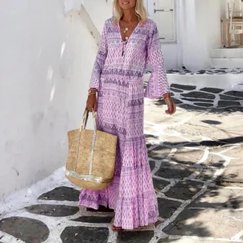 Vintage Põletatud Varrukad Suvel Rannas Kleit Naiste Geomeetriline Prindi Kaua Poole Daam Kleit Kevadel Lady V Kaela Boho Beach Puhkus Kleit