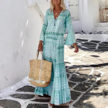 Vintage Põletatud Varrukad Suvel Rannas Kleit Naiste Geomeetriline Prindi Kaua Poole Daam Kleit Kevadel Lady V Kaela Boho Beach Puhkus Kleit