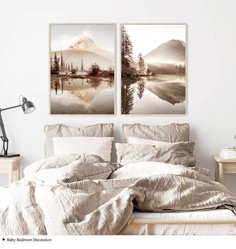 Looduslik Maastik Sunrises Plakat Keha Joone Joonistamine Maalimine Mountain Lake Lõuend Print Põhjamaade Kunsti Pildid, Elutuba Home Decor