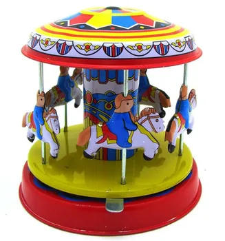 Retro Vintage Merry-go-round Tina mänguasjad Klassikaline Kellavärk Tuul Up Pöörlev puust hobune Tin Toy Täiskasvanud Lapsed Laekuva Kingitus