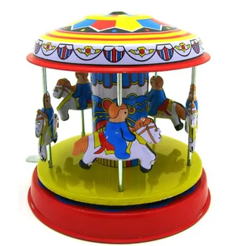 Retro Vintage Merry-go-round Tina mänguasjad Klassikaline Kellavärk Tuul Up Pöörlev puust hobune Tin Toy Täiskasvanud Lapsed Laekuva Kingitus