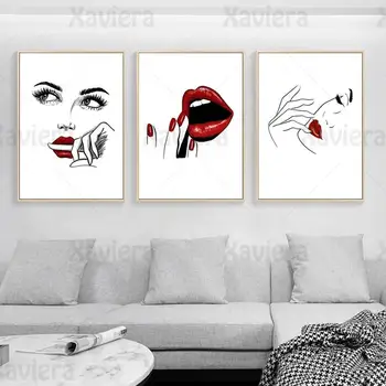 Abstraktne Prindi Seina Art Sexy Lady Fashion Joonis Plakat Põhjamaade Lõuendile Maali Must Joon Punaste Huultega Naine, Tüdruk Tuba Home Decor